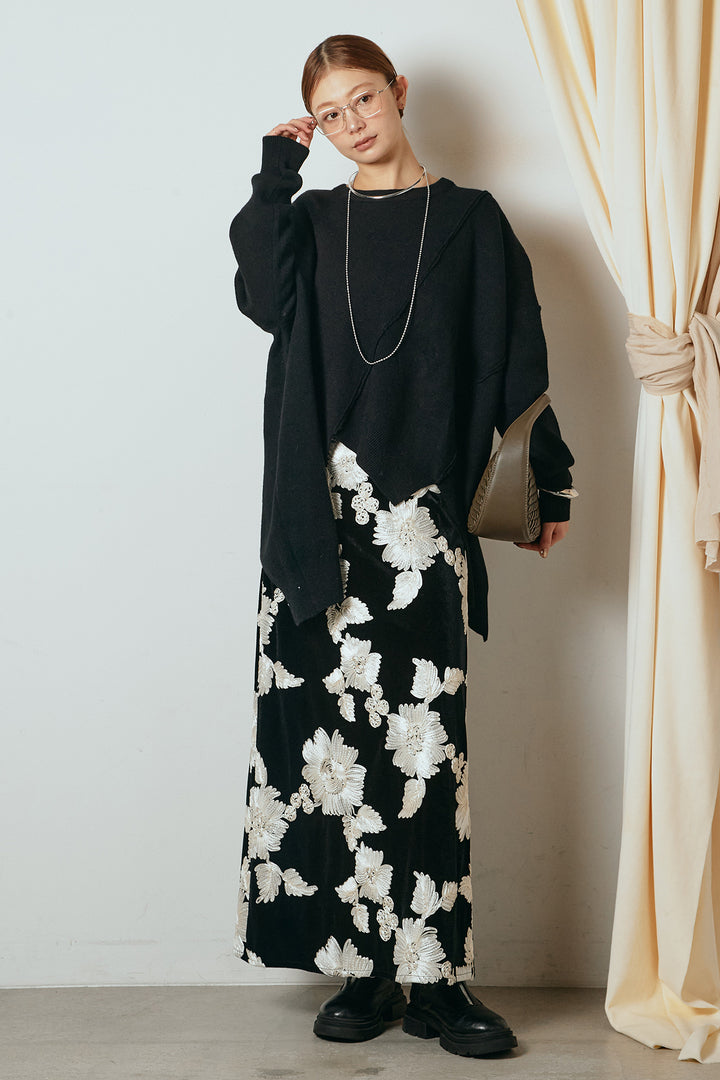 [SET]アシンメトリーデザインニットトップス+フラワー刺繍ワイドスカート(2set)