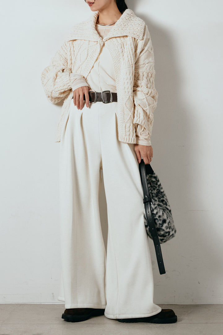 [SET]ビッグカラーケーブル編みニットトップス+フェイクレザー太ベルト付きタックワイドパンツ(2set)