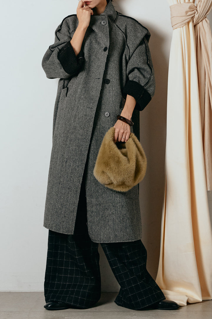 [SET]裏地ボアハイネックロングアウター+ウールライクチェックタックパンツ(2set)