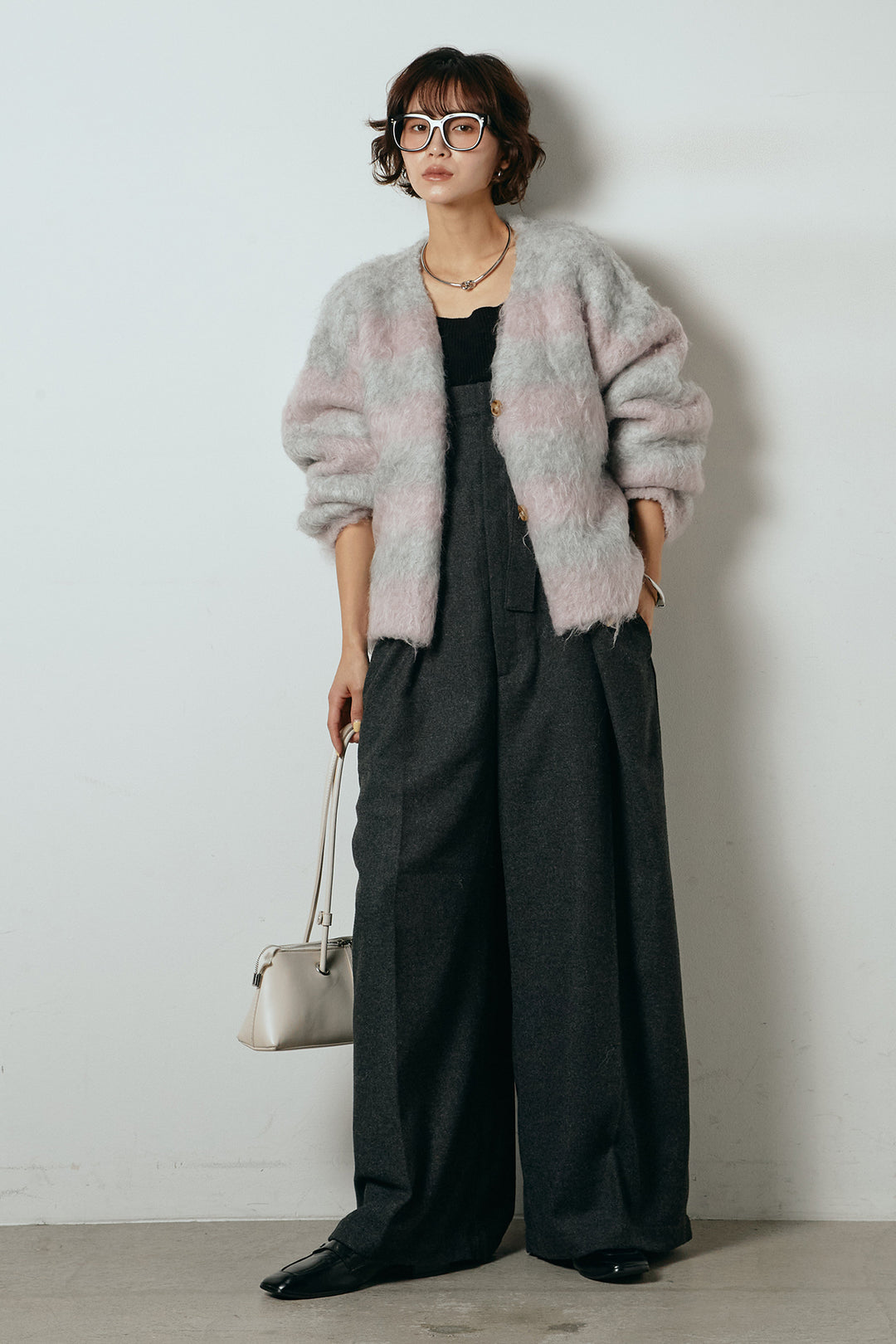 [SET]シャギーボーダー柄ニットカーディガン+ウール混フランネルワイドサロペット(2set)