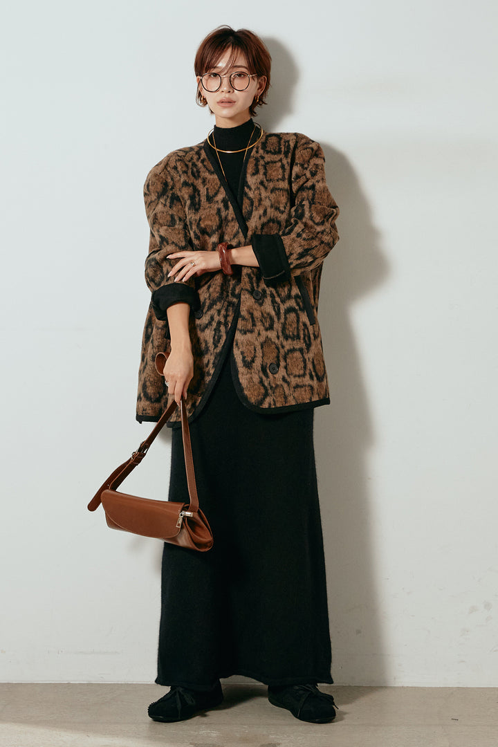 [SET]ノーカラーレオパード柄アウター+ノースリーブニットロングワンピース(2set)