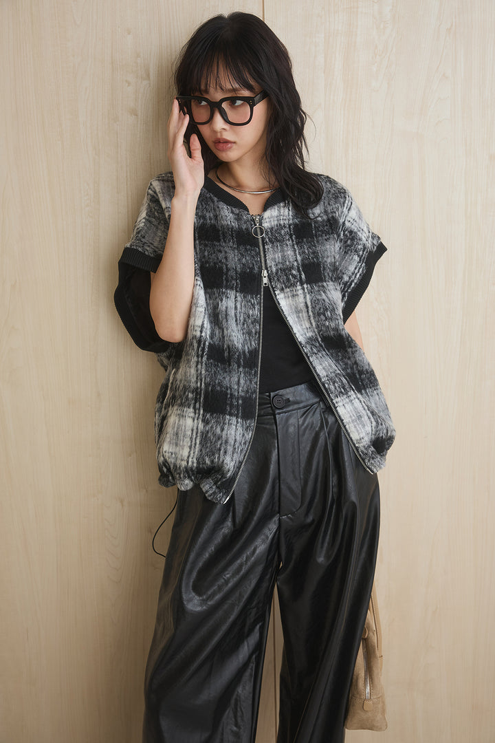 [SET]シャギーチェックベストブルゾン+レザーライクタックワイドパンツ(2set)