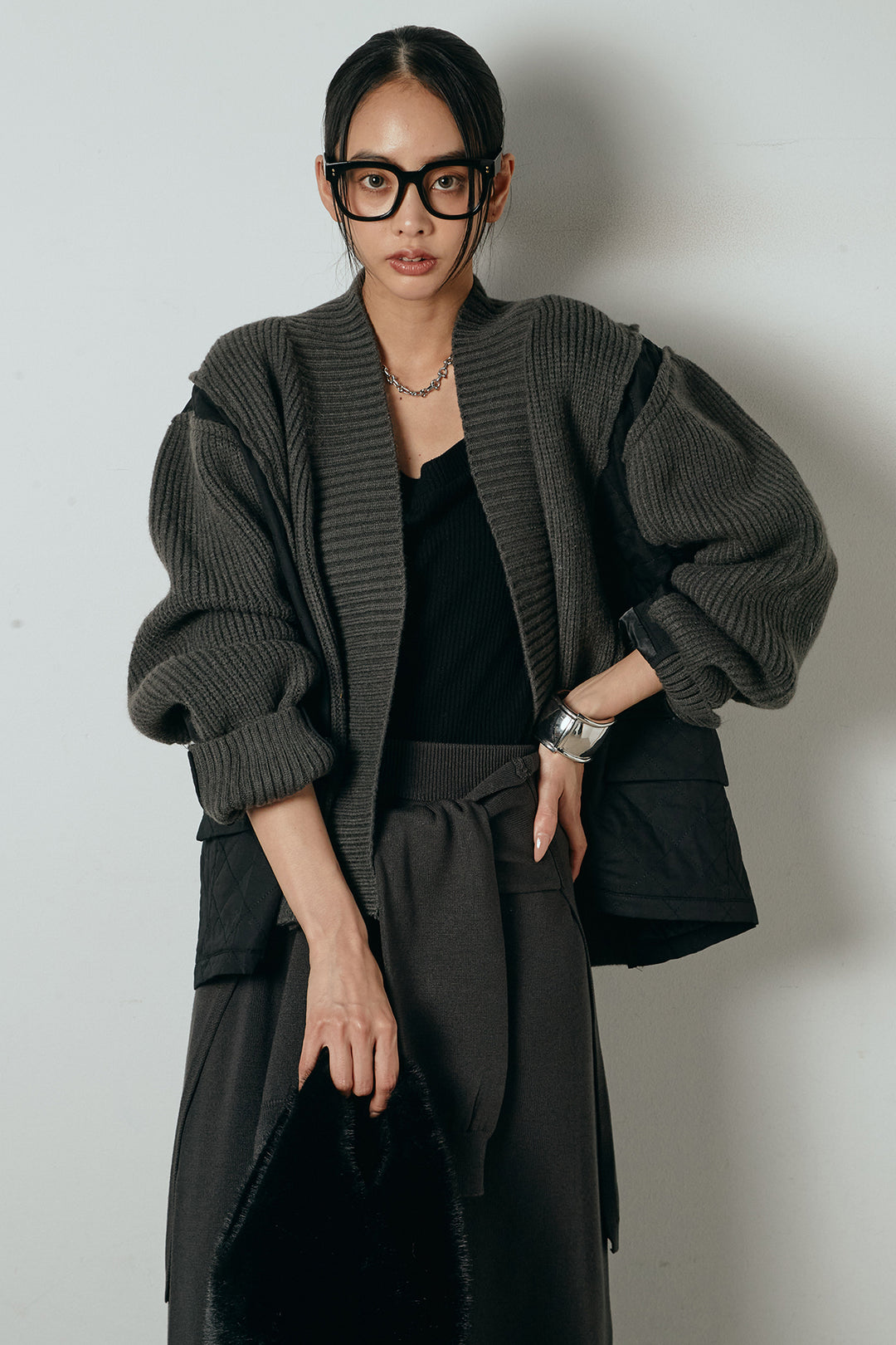 [SET]キルティング切り替えニットカーディガン+ウエストラップ巻きニットスカート(2set)