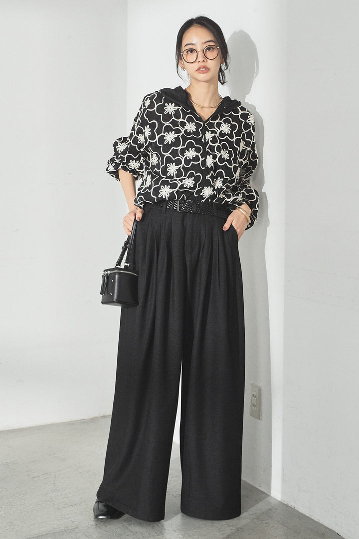 [SET]シアーフラワーフードブルゾン+編みベルト付きウエストタックワイドパンツ(2set)