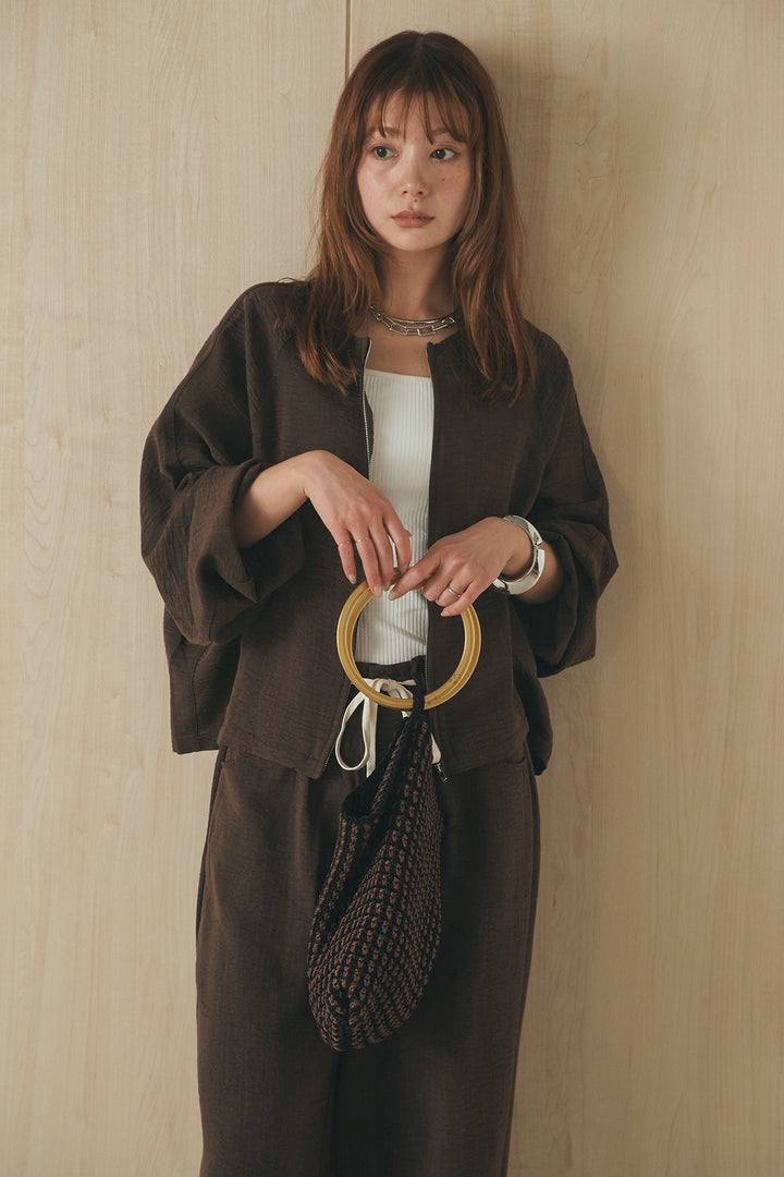 [SET]麻混ノーカラーブルゾン+麻混ウエストドロストパンツ(2set)