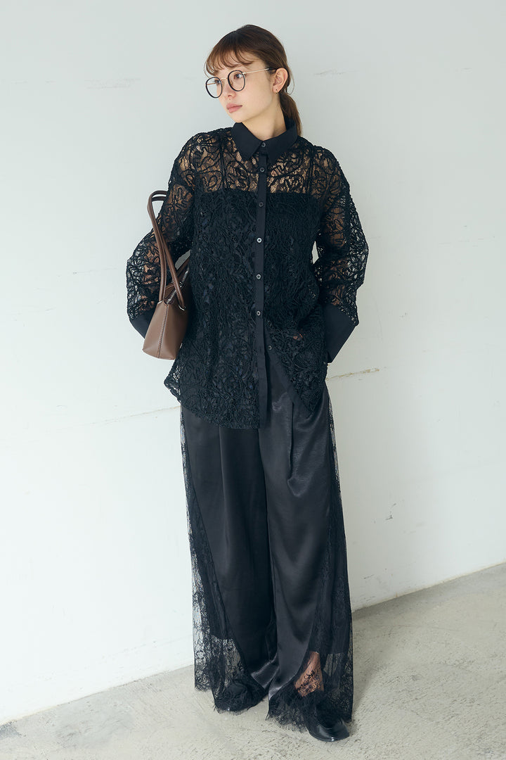 [SET]刺繍レースオーバーサイズシャツ+サテンレース切り替えタックパンツ(2set)