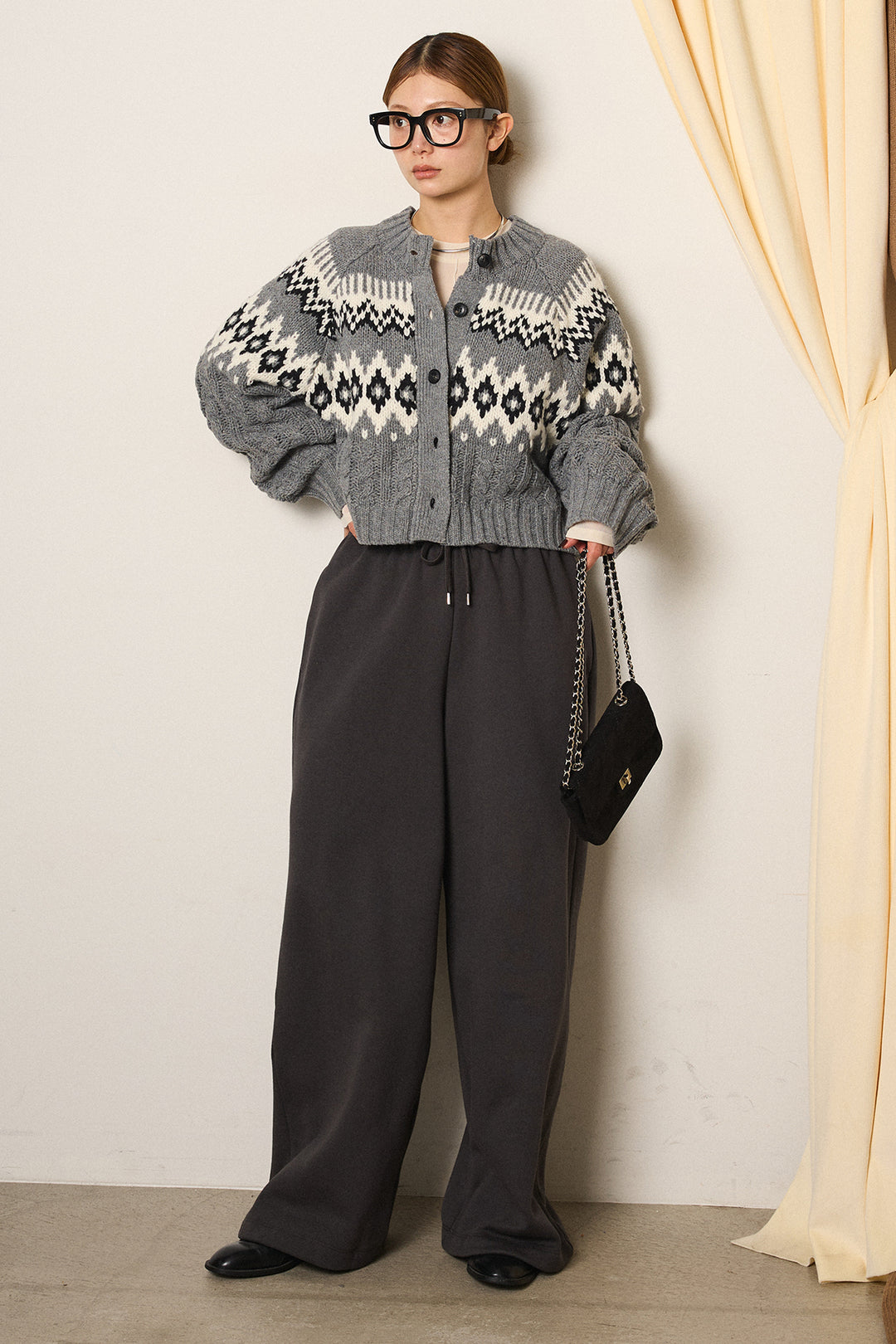 [SET]2WAY求心柄ジャガードショートカーディガン+裏起毛スウェットワイドパンツ(2set)