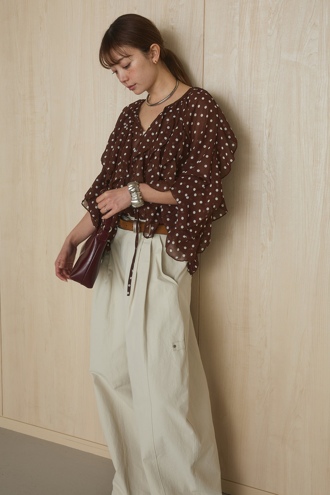 [SET]ドットフリル長袖ブラウス+コットンポリツータックセンターシームカーブパンツ(2set)