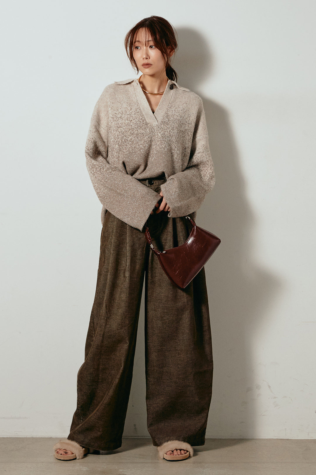 [SET]グラデーションラメニットキーネックプルオーバー+フロントタック入りコーデュロイパンツ(2set)