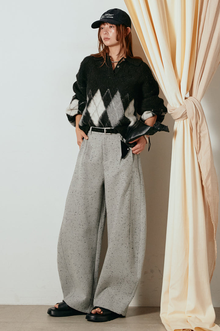 [SET]アーガイル柄ポロニットトップス+ベルト付きネップツイードカーブパンツ(2set)