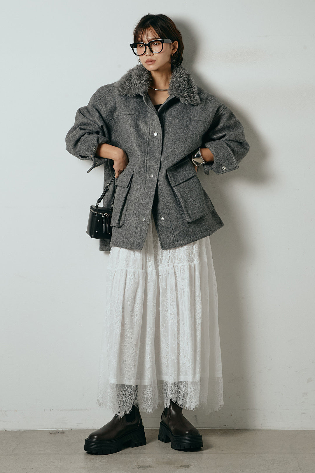 [SET]エコウール衿ファー薄中綿入りミドルカバーオール+ひげレース切替ロング丈スカート(2set)