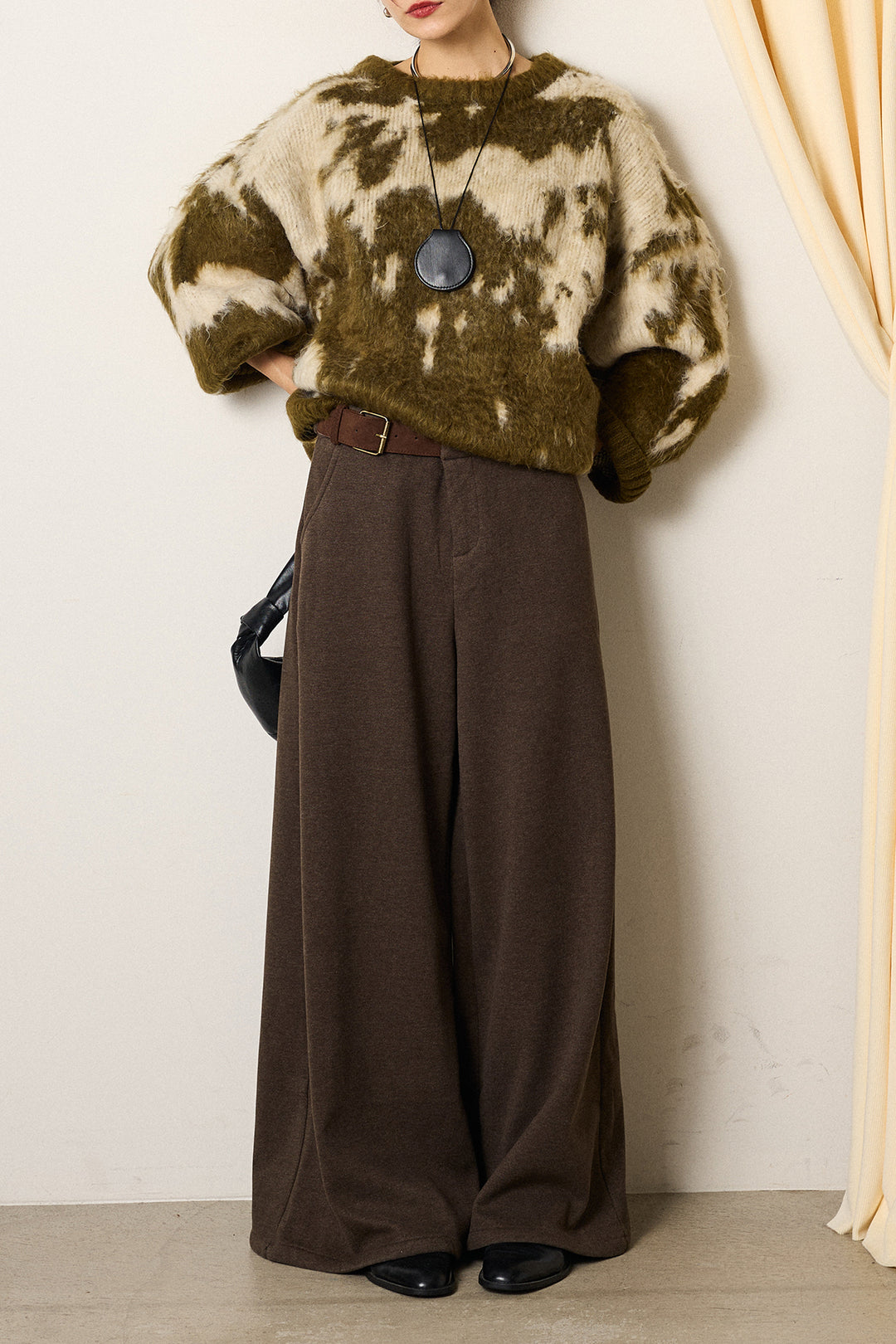 [SET]モヘアタッチマーブルニット+サイドベルトパンツ(2set)