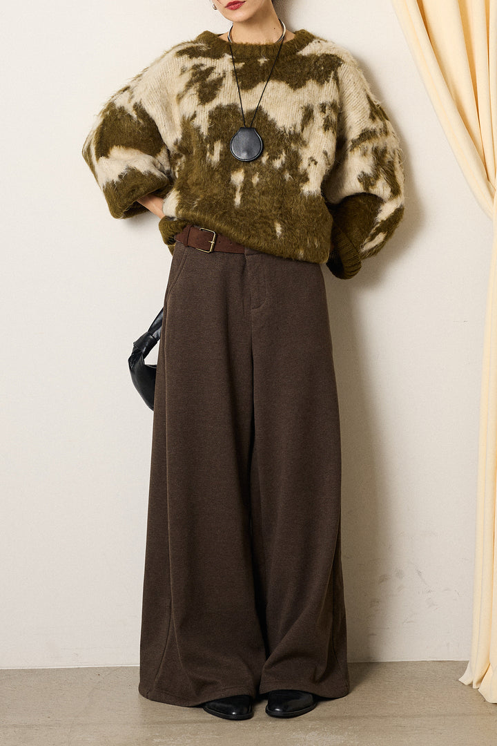 [SET]モヘアタッチマーブルニット+サイドベルトパンツ(2set)