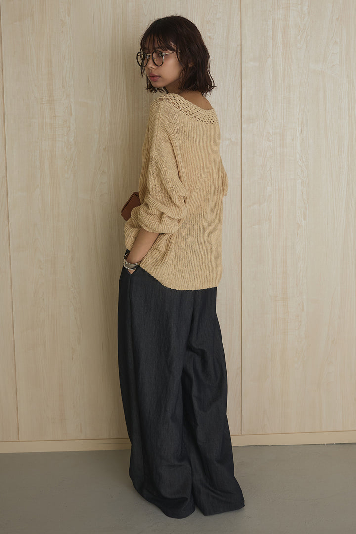 [SET]ネック編みデザインニットトップス+ウエスト折り返しワイドパンツ(2set)