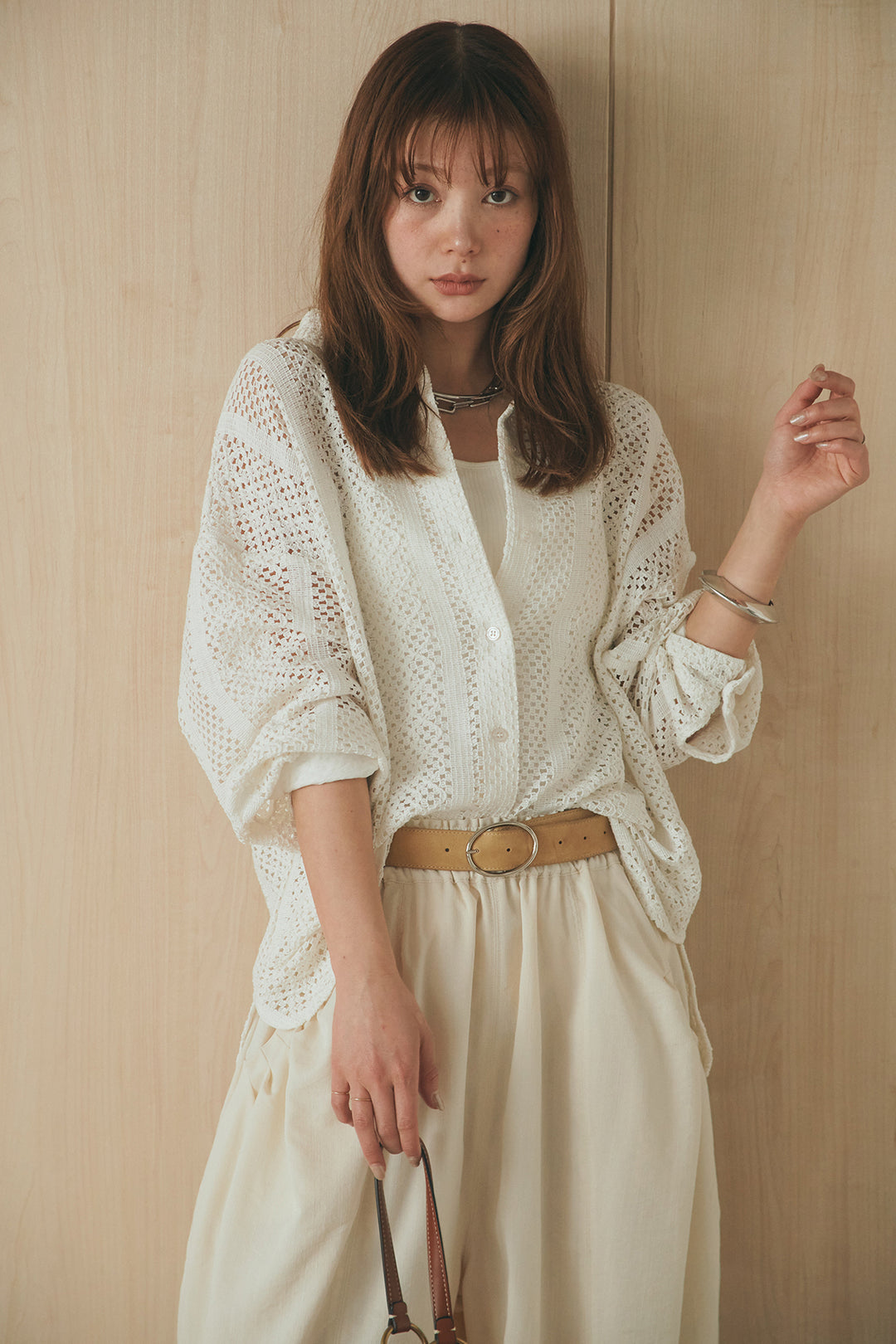 [SET]長袖襟付きレースシャツ+ポケットタックフォルムパンツ(2set)