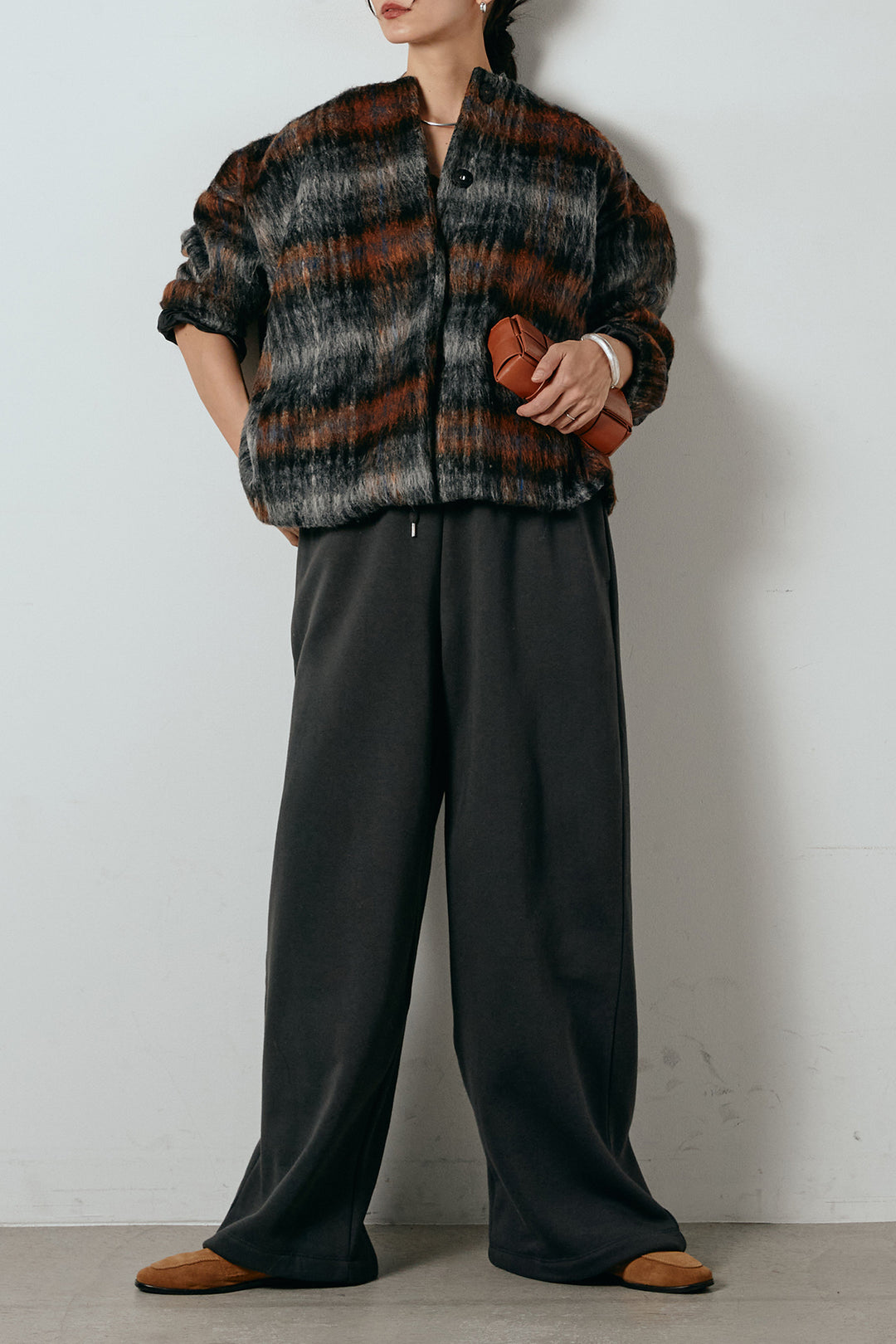 [SET]ノーカラーシャギーチェックアウター+裏起毛スウェットワイドパンツ(2set)