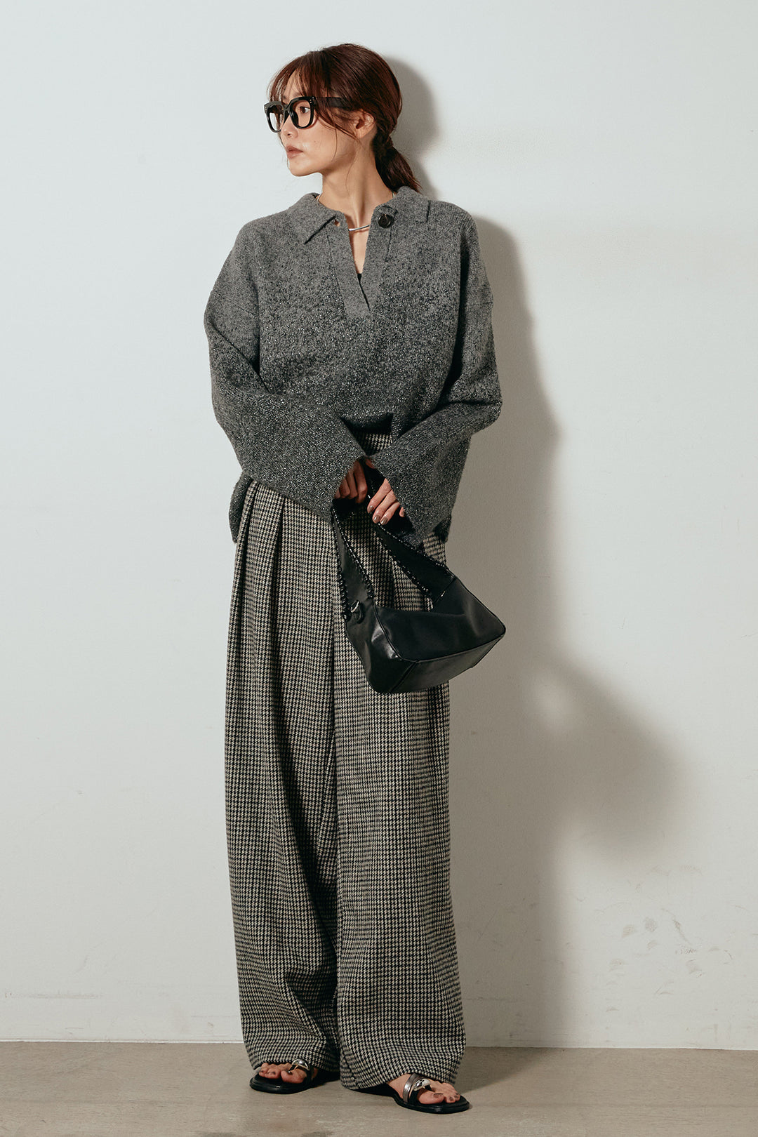 [SET]グラデーションラメニットキーネックプルオーバー+ガンクラブチェックタックパンツ(2set)