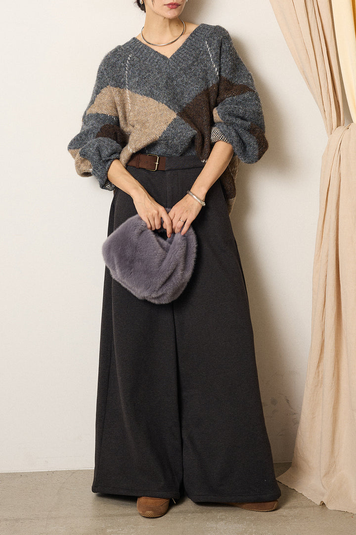 [SET]ルーズアーガイルVネックニット+サイドベルトパンツ(2set)