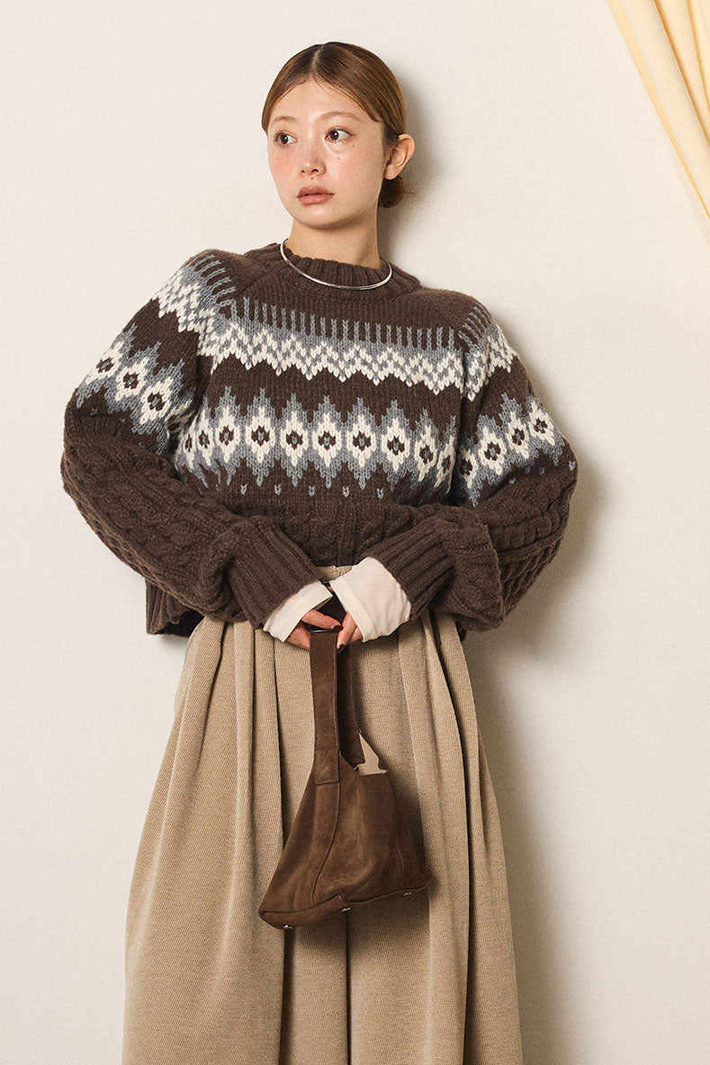 [SET]2WAY求心柄ジャガードショートカーディガン+2WAY袖コード刺繍クルーネックプルオーバー(2set)