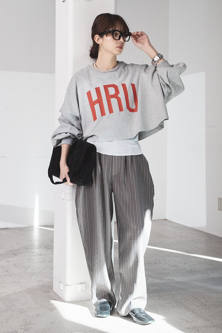 [SET]ビッグロゴHRU袖ボリュームトップス+リブシアークルーネック長袖トップス+ヘリンボーンストライプツータックパンツ(3set)