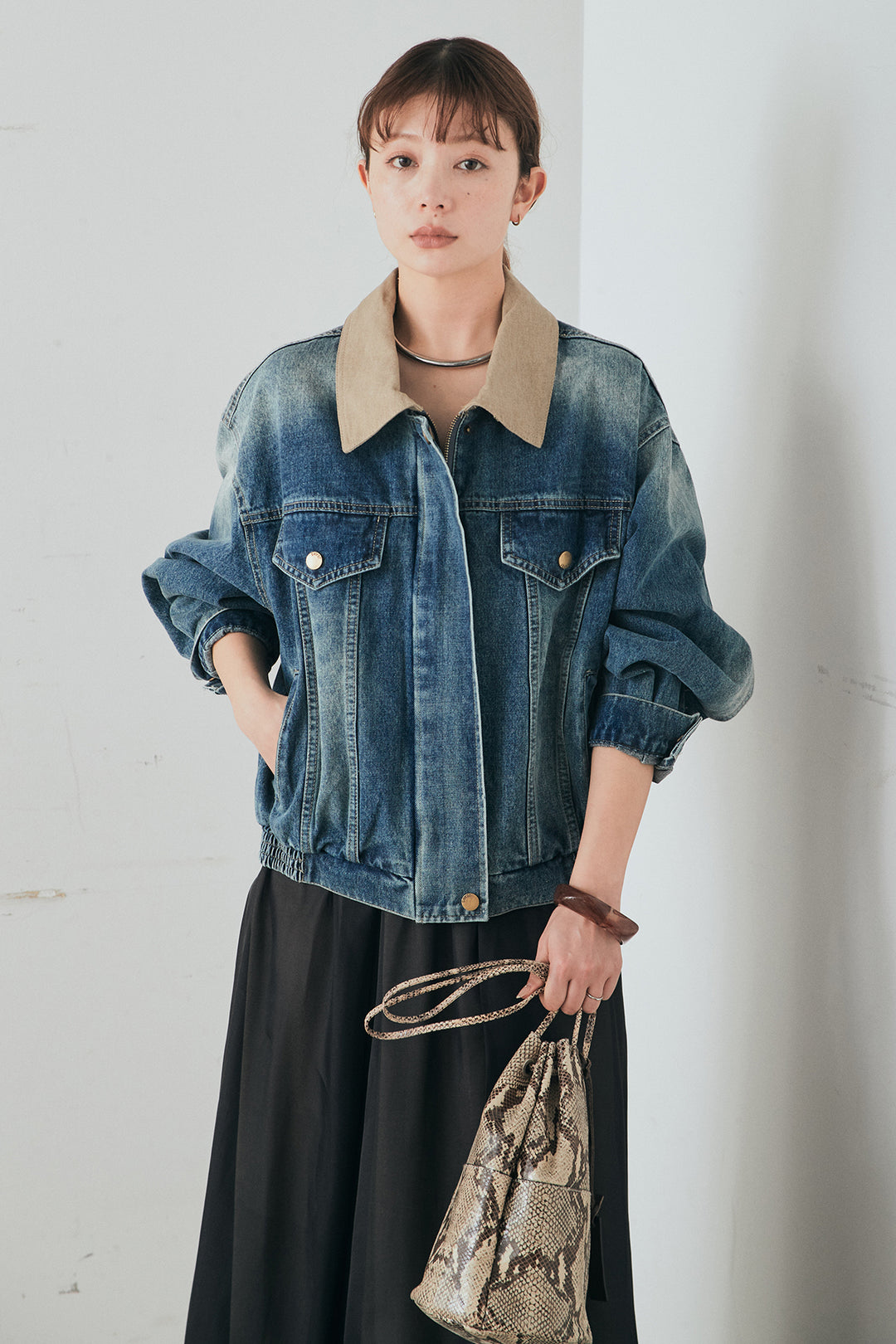 [SET]襟切り替えジップデニムジャケット+リラックスシアーフレアスカート(2set)