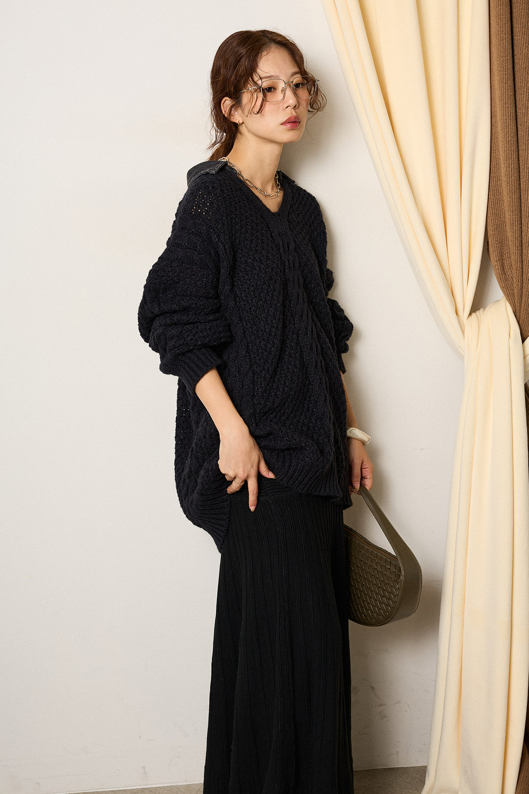 [SET]デニムカラーケーブルオーバーニット+編み地切り替えフレアニットスカート(2set)