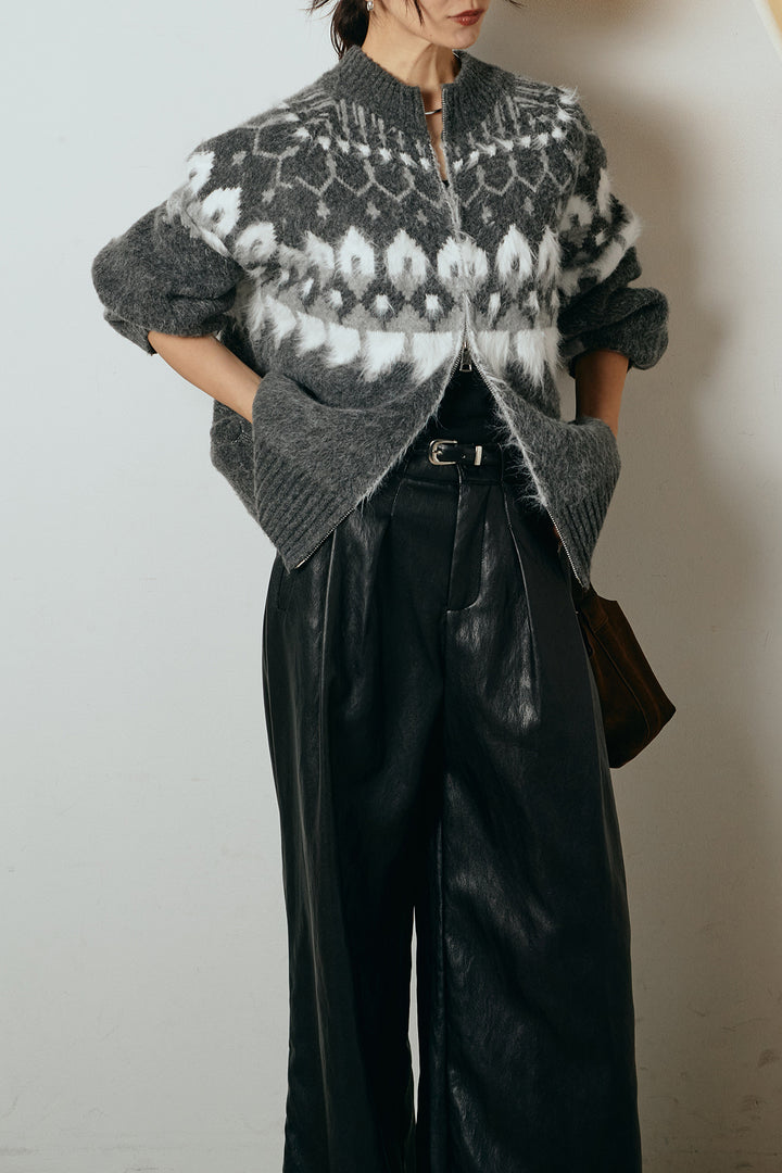 [SET]起毛ダブルジップパターンニットカーディガン+ベルト付きレザーライクタックパンツ(2set)