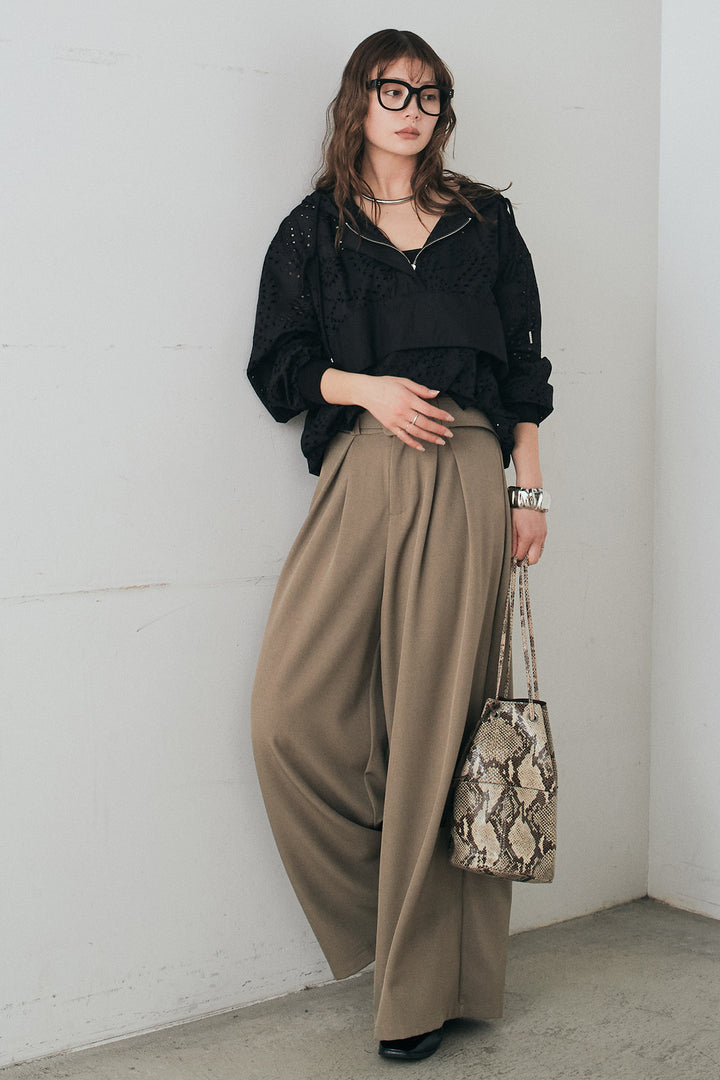 [SET]レースハーフジップアップフーディー+ベルト付きツータックワイドパンツ(2set)