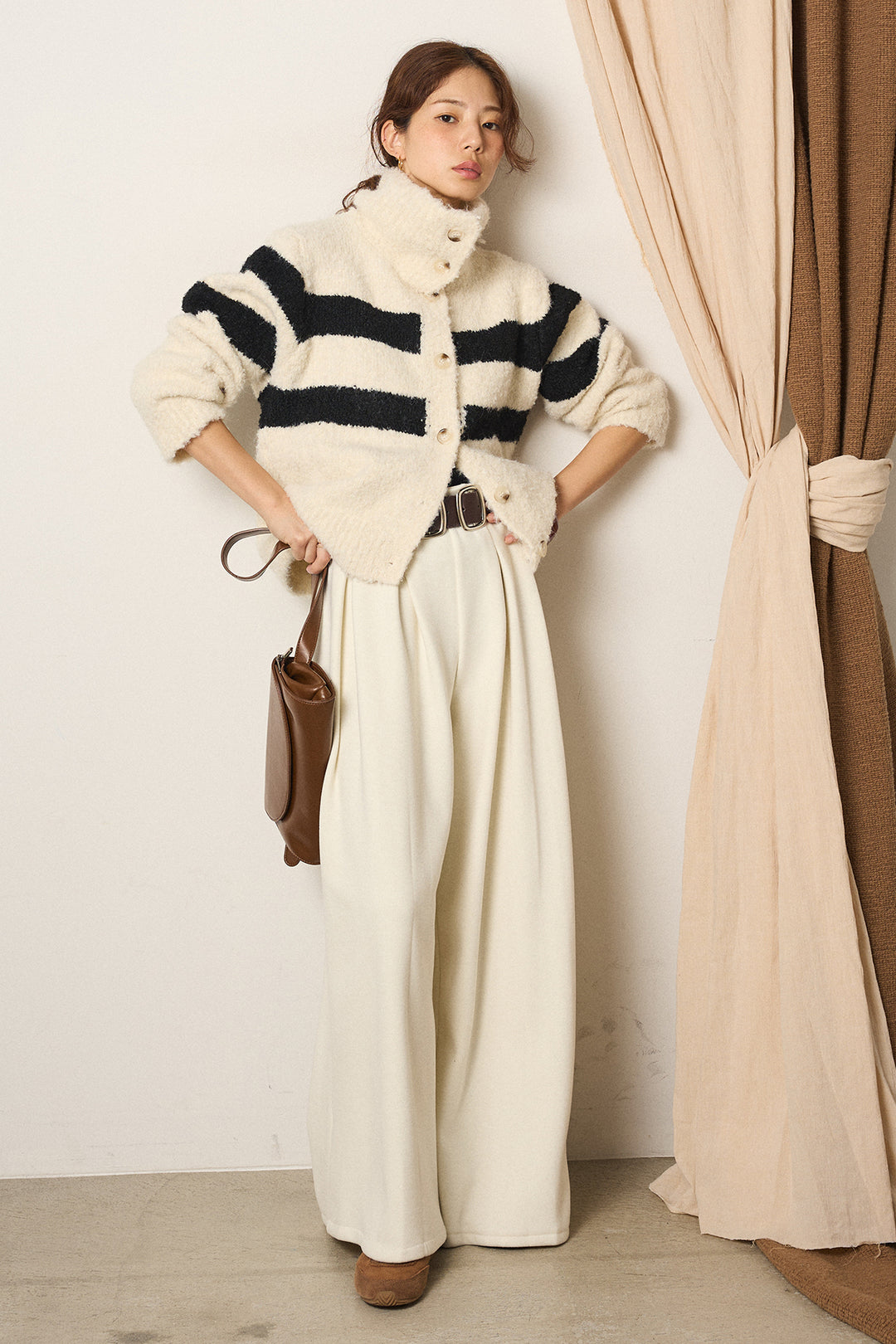 [SET]ハイネックボーダーニットカーディガン+フェイクレザー太ベルト付きタックワイドパンツ(2set)
