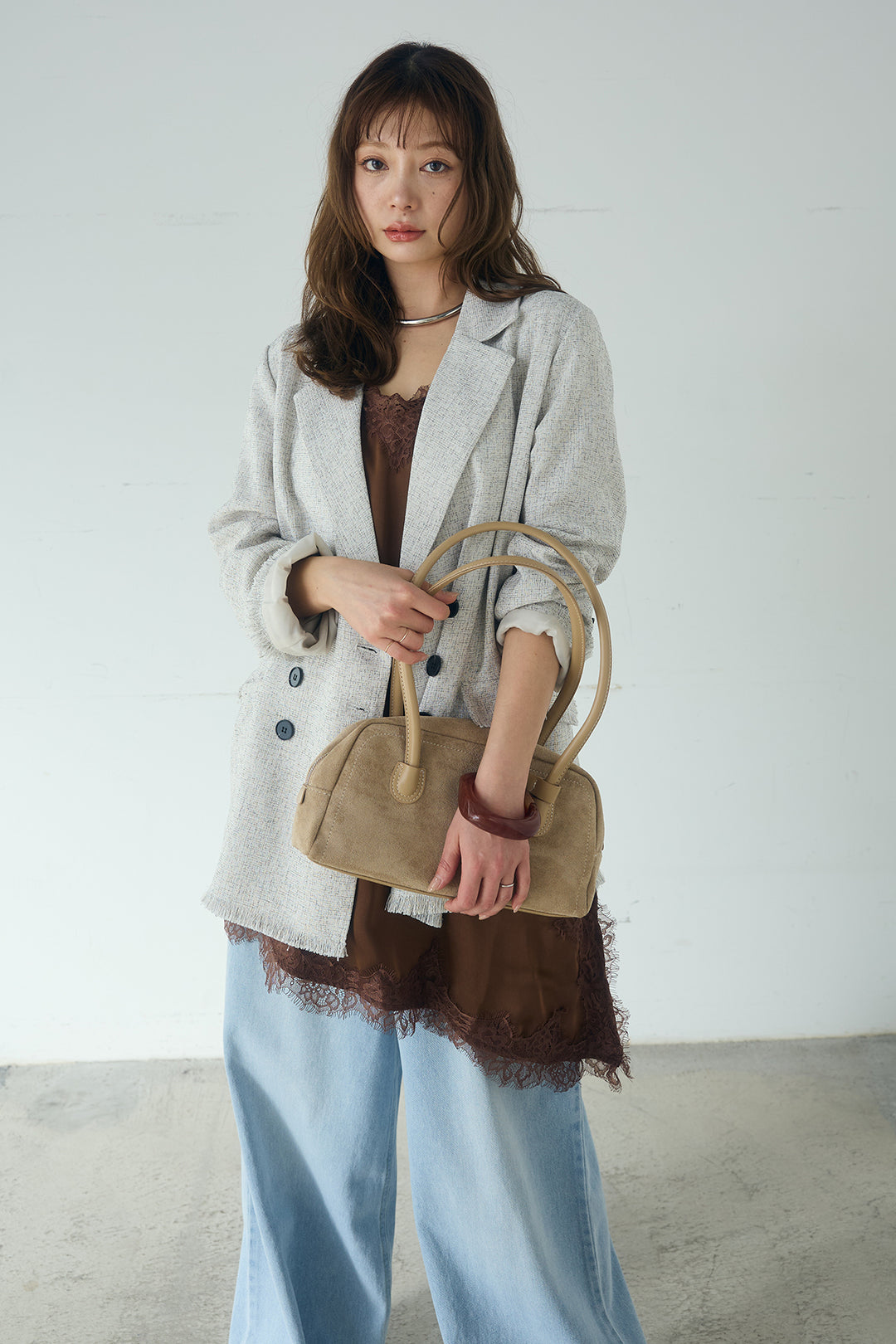 [SET]スラブネップツイードフリンジテーラードジャケット+ウエスト裁ち切りデニムワイドパンツ(2set)