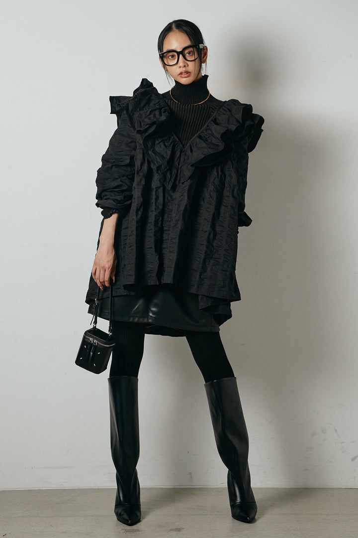 [SET]Vネックフリルカラーブラウス+リブニットシームレスタートルプルオーバー+ストレッチエコレザーバミューダパンツ(3set)