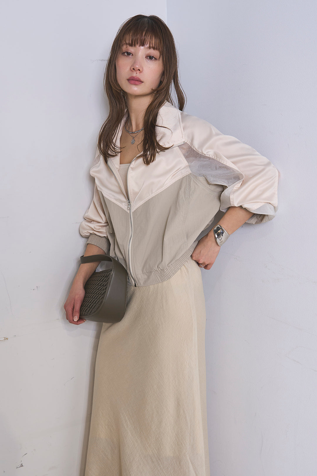 [SET]異素材切替ZIPブルゾン+リネンブレンドロングナロースカート(2set)