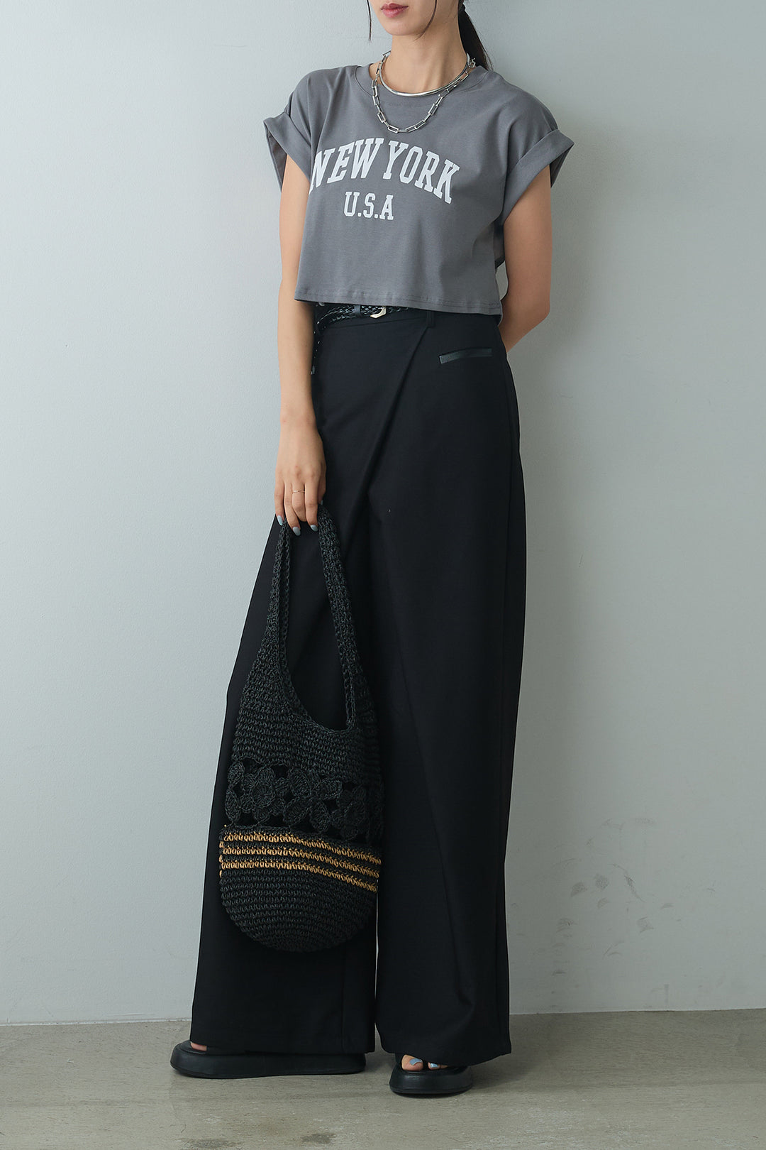 [着回しセット]ショート丈NEWYORKロゴTシャツ+ショート丈NEWYORKロゴTシャツ+ベルト付きクロスデザインパンツ(3set)