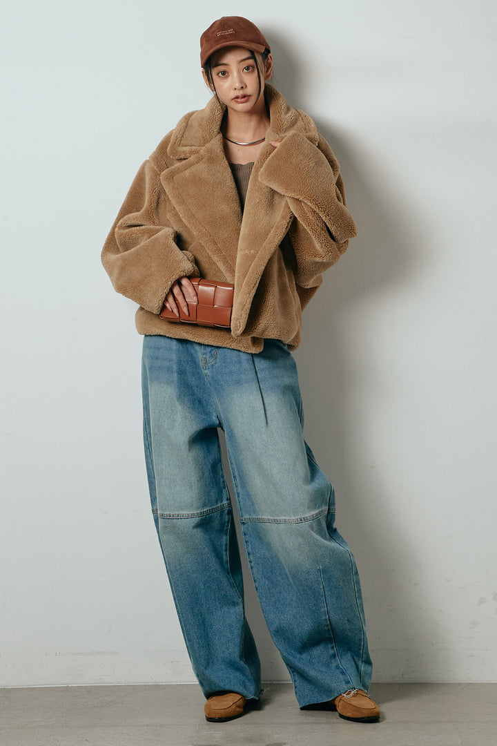 【2月中旬発送】
[SET]テディボアショートジャケット+加工デニムタックコクーンワイドパンツ(2set)