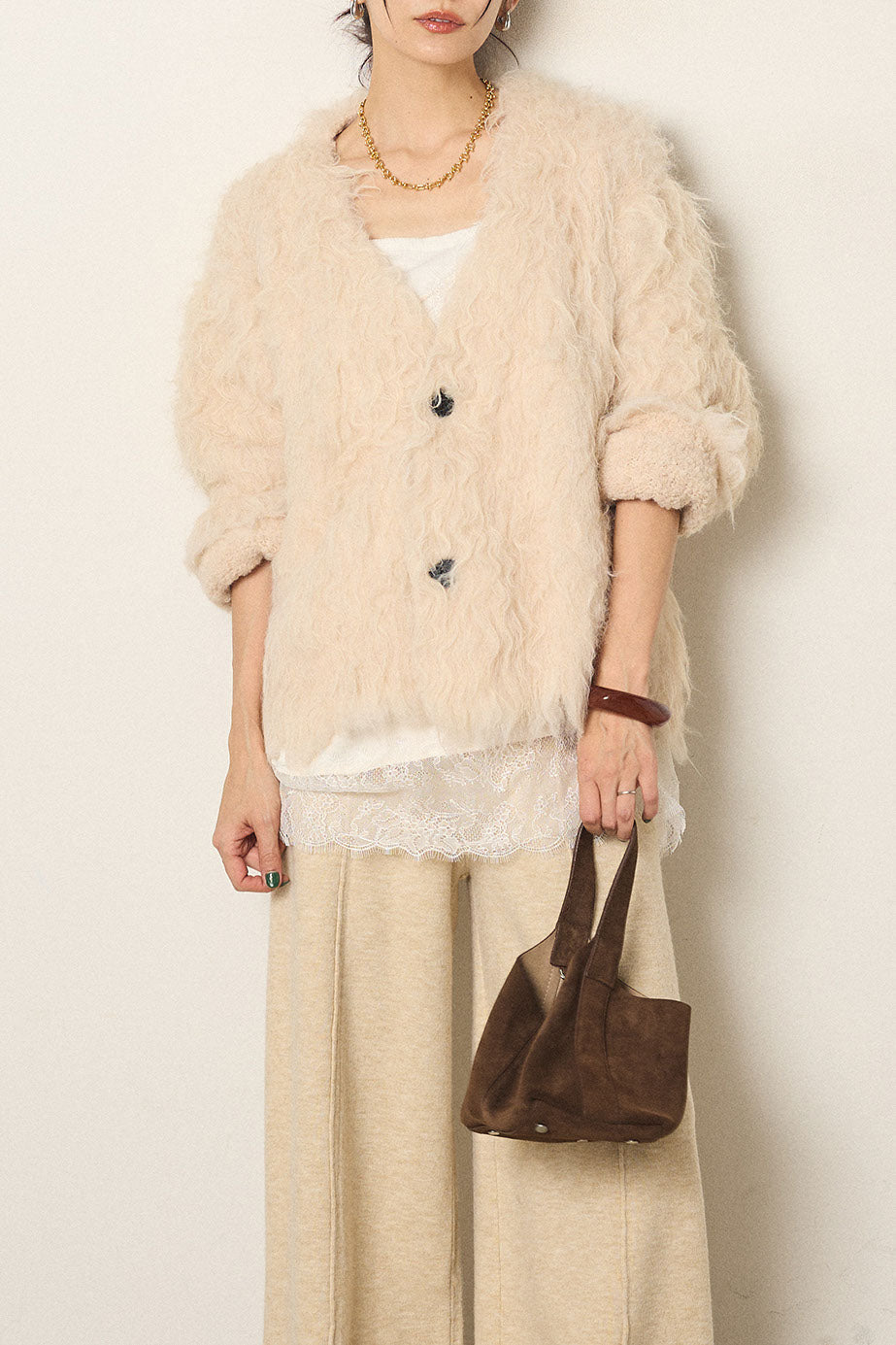 [SET]起毛シャギーニットカーディガン+レース切り替えキャミソール(2set)