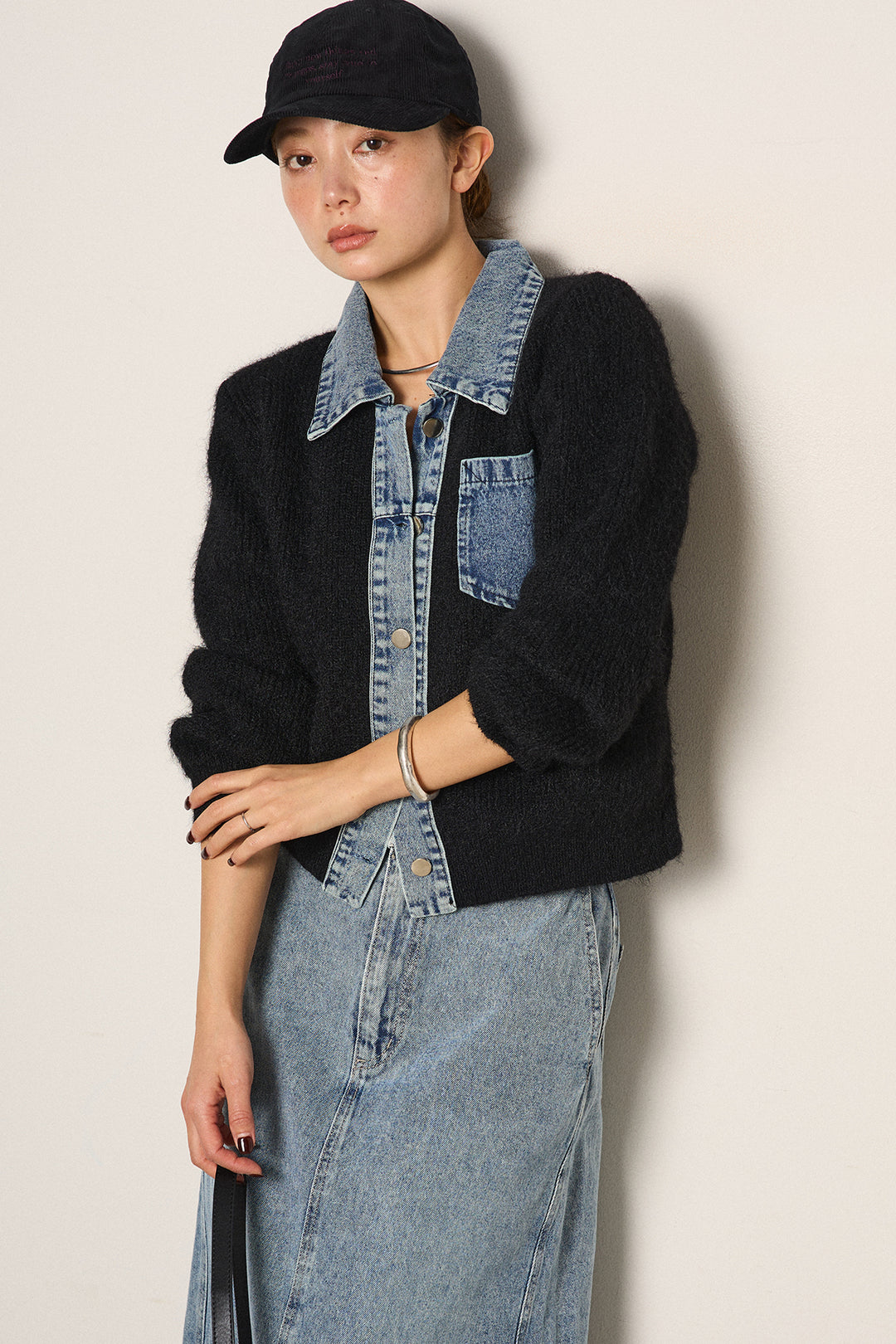 [SET]襟付きデニム切替ニットカーディガン+デニムロングフレアスカート(2set)