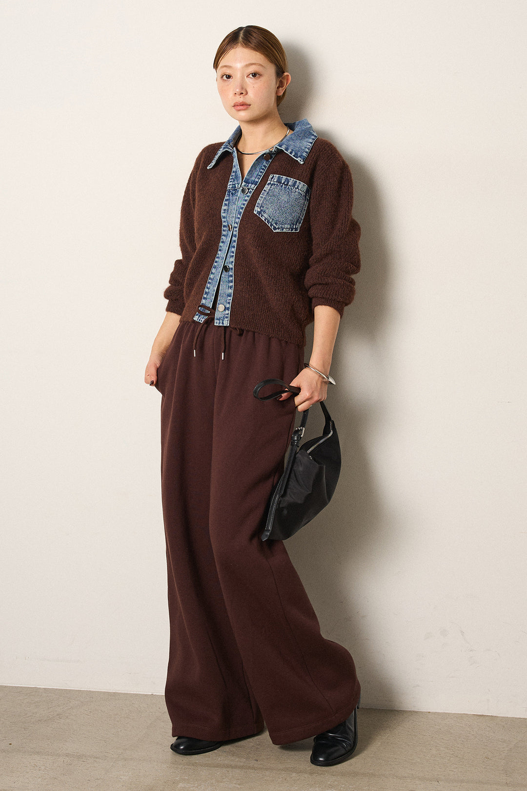 [SET]襟付きデニム切替ニットカーディガン+裏起毛スウェットワイドパンツ(2set)