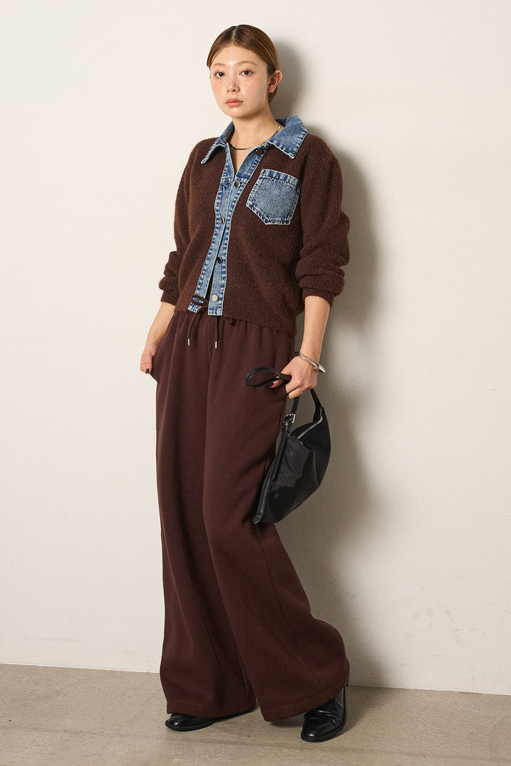 [SET]襟付きデニム切替ニットカーディガン+裏起毛スウェットワイドパンツ(2set)
