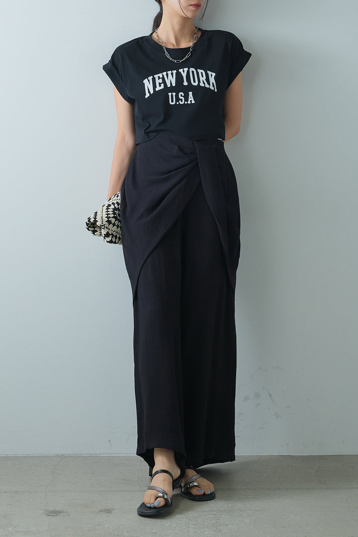 [SET]ショート丈NEWYORKロゴTシャツ+ねじりデザインワイドパンツ(2set)