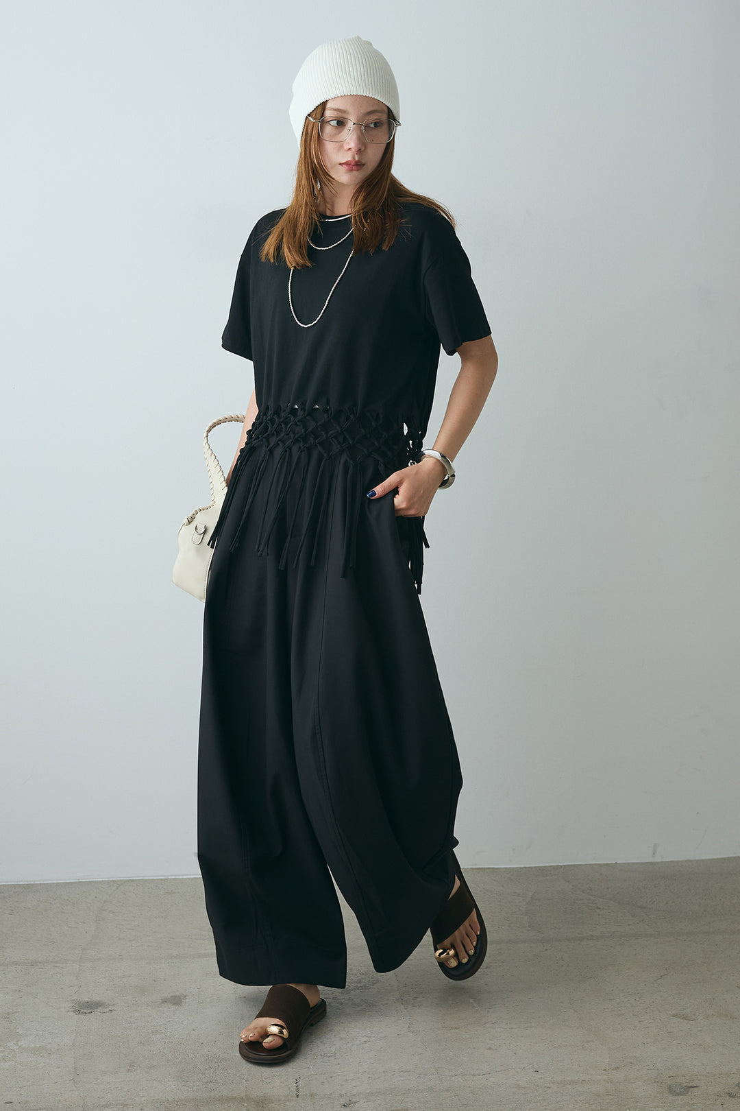 [SET]裾フリンジデザインTシャツ+ビッグシルエットワイドパンツ(2set)