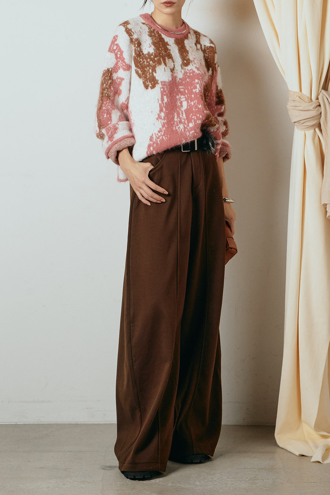 [SET]起毛ニュアンス柄ニットプルオーバー+ファーベルト付きワイドパンツ(2set)