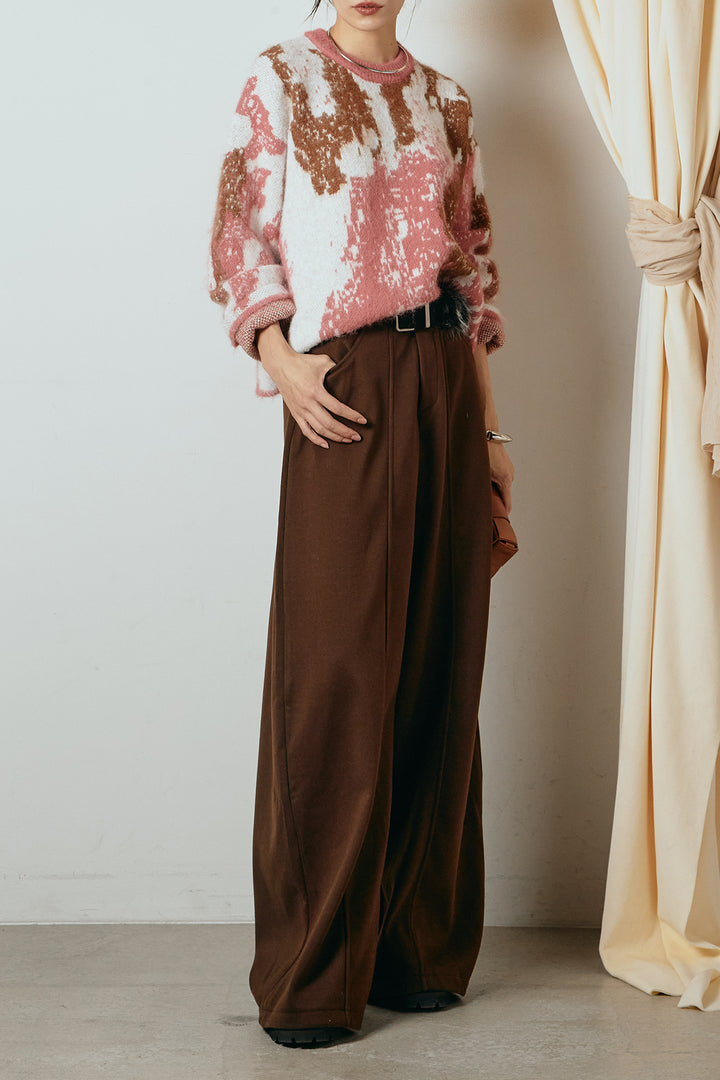 [SET]起毛ニュアンス柄ニットプルオーバー+ファーベルト付きワイドパンツ(2set)