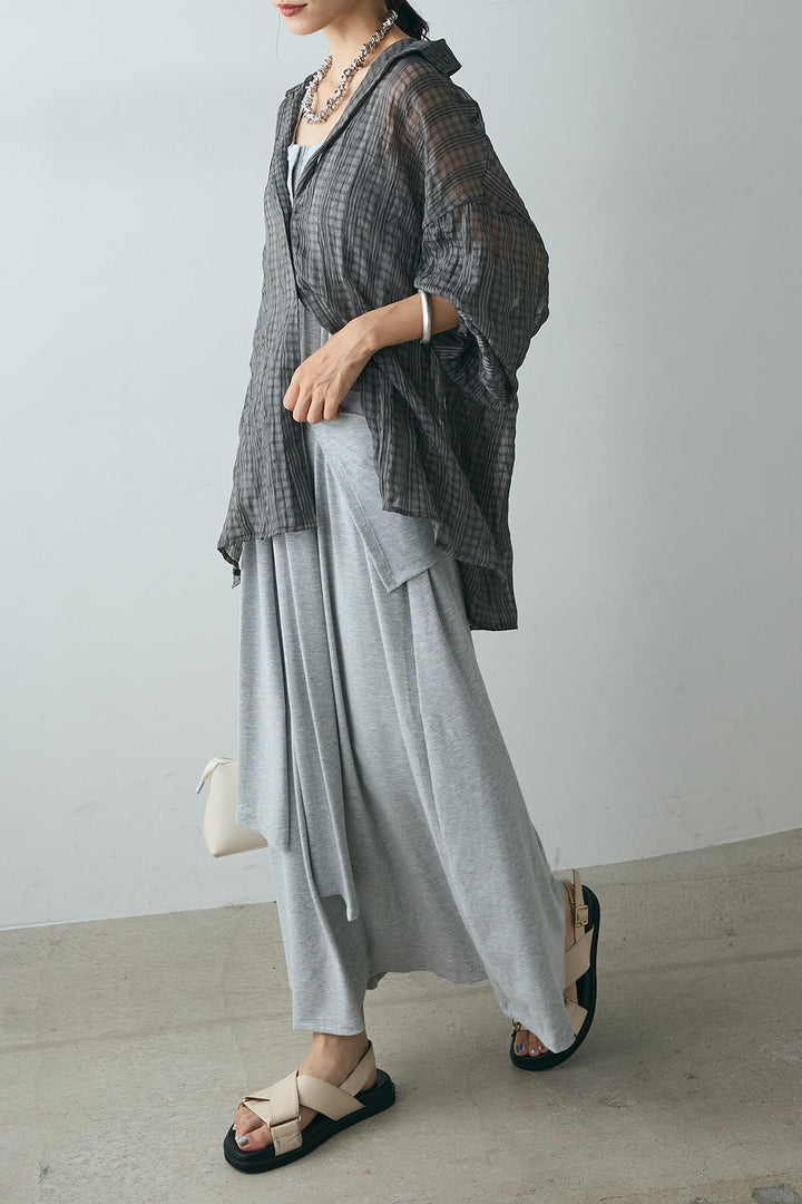 [SET]シアーマルチチェック柄シャツ+ウエスト巻きリブロングワンピース(2set)