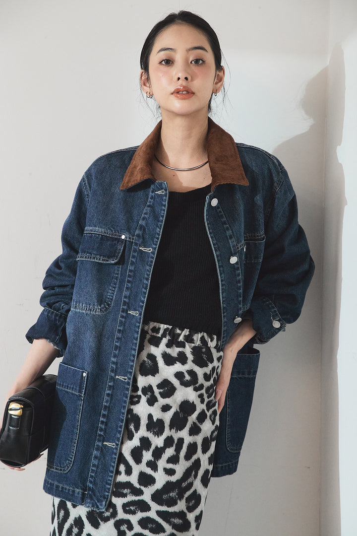 [SET]襟コーデュロイデニムカバーオール+レオパードサテンナロースカート(2set)