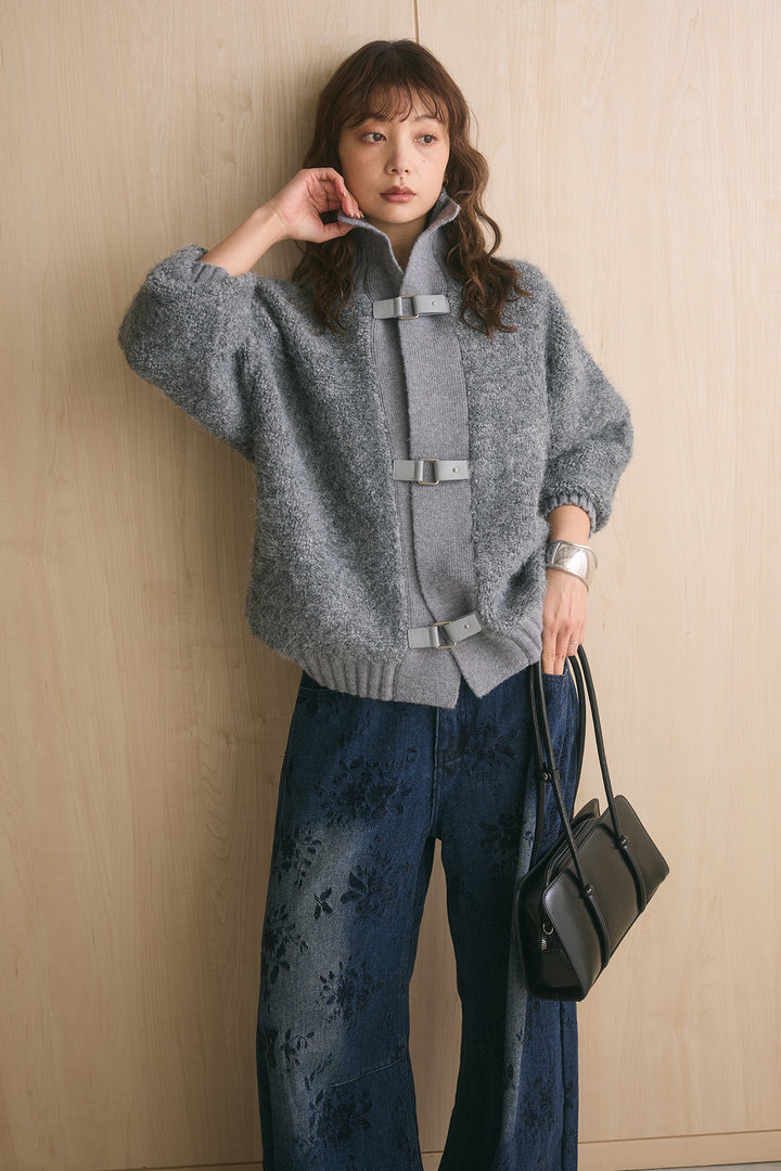 [SET]ブークレーハイネックニットジャケット+フラワーモチーフ刺繍カーブデニム(2set)