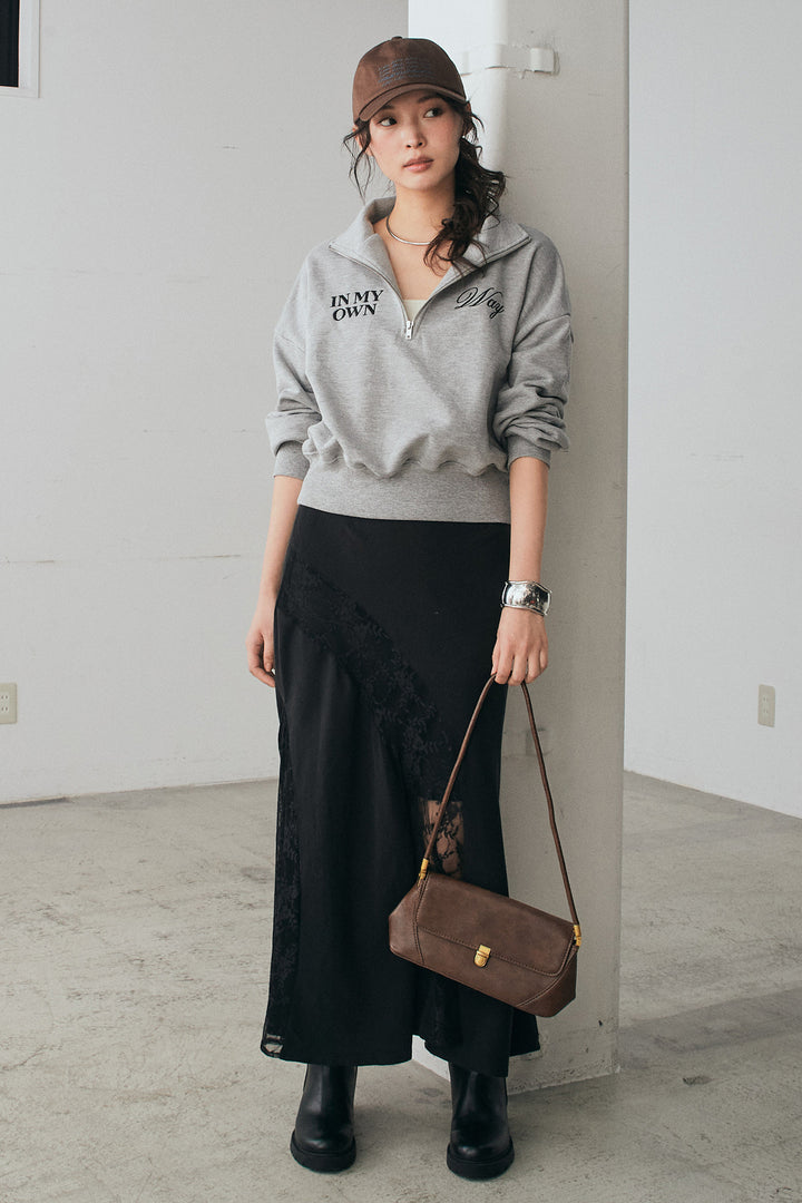 [SET]裏毛ロゴ刺繍ハーフZIPスウェット+刺繍レースデザインサテンスカート(2set)