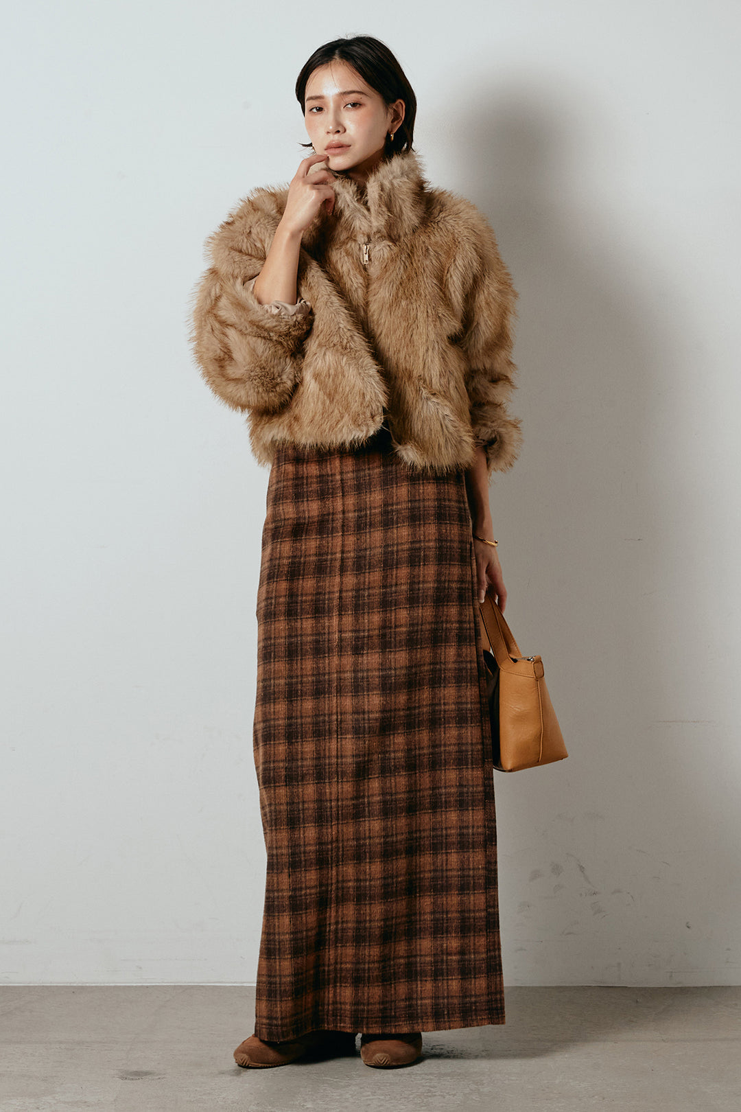 [SET]エコファーショート丈ブルゾン+シャギーチェックストレートスカート(2set)