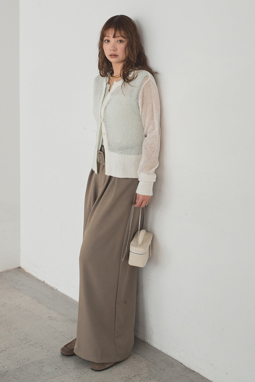 [SET]モヘア透かし編みレイヤードアンサンブルセット+ベルト付きツータックワイドパンツ(2set)