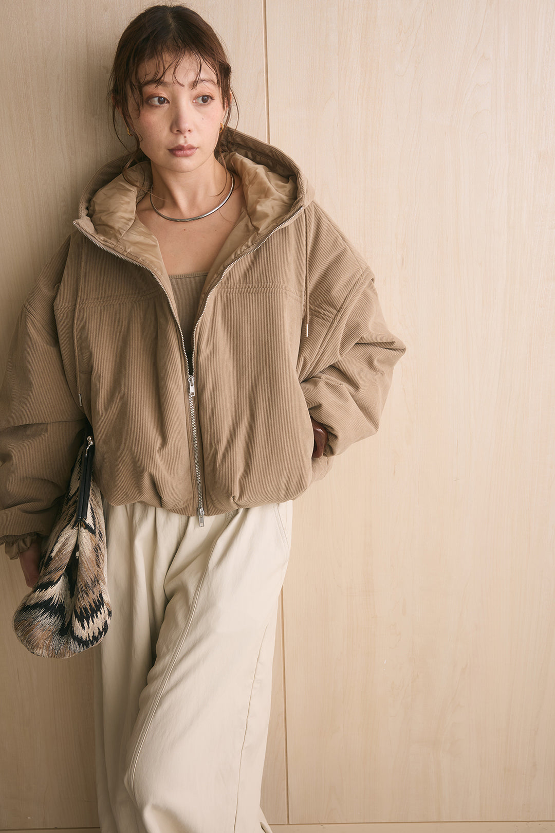 [SET]コーデュロイフーディバルーンブルゾン+フェイクレザーカーブワイドパンツ(2set)
