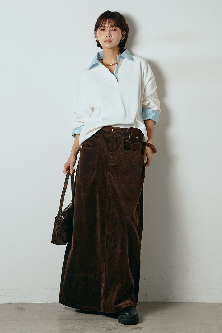 [SET]ストライプシャツドッキングポロトップス+ポーチベルト付きコーデュロイワイドスカート(2set)